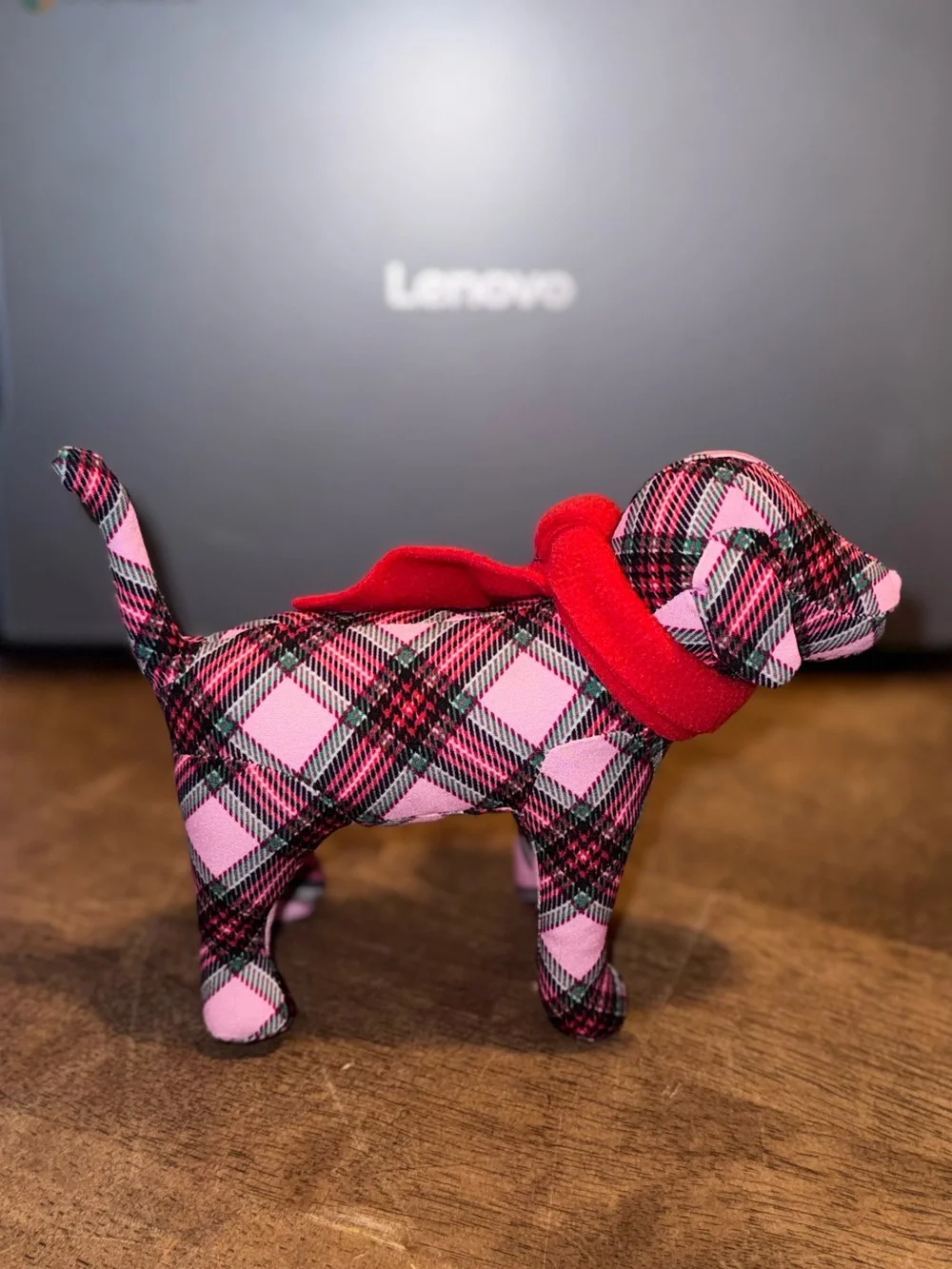 Pink Plaid Dog Toy Figurine with Red Scarf - Pink
